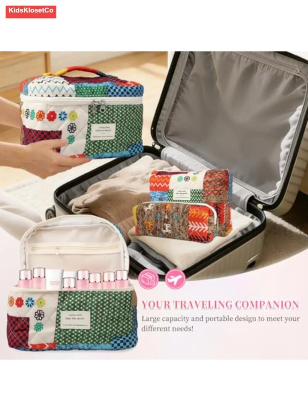 Quilted Cotton Travel Makeup Bag Set of 3 Floral Toiletry Cosmetic Organizer